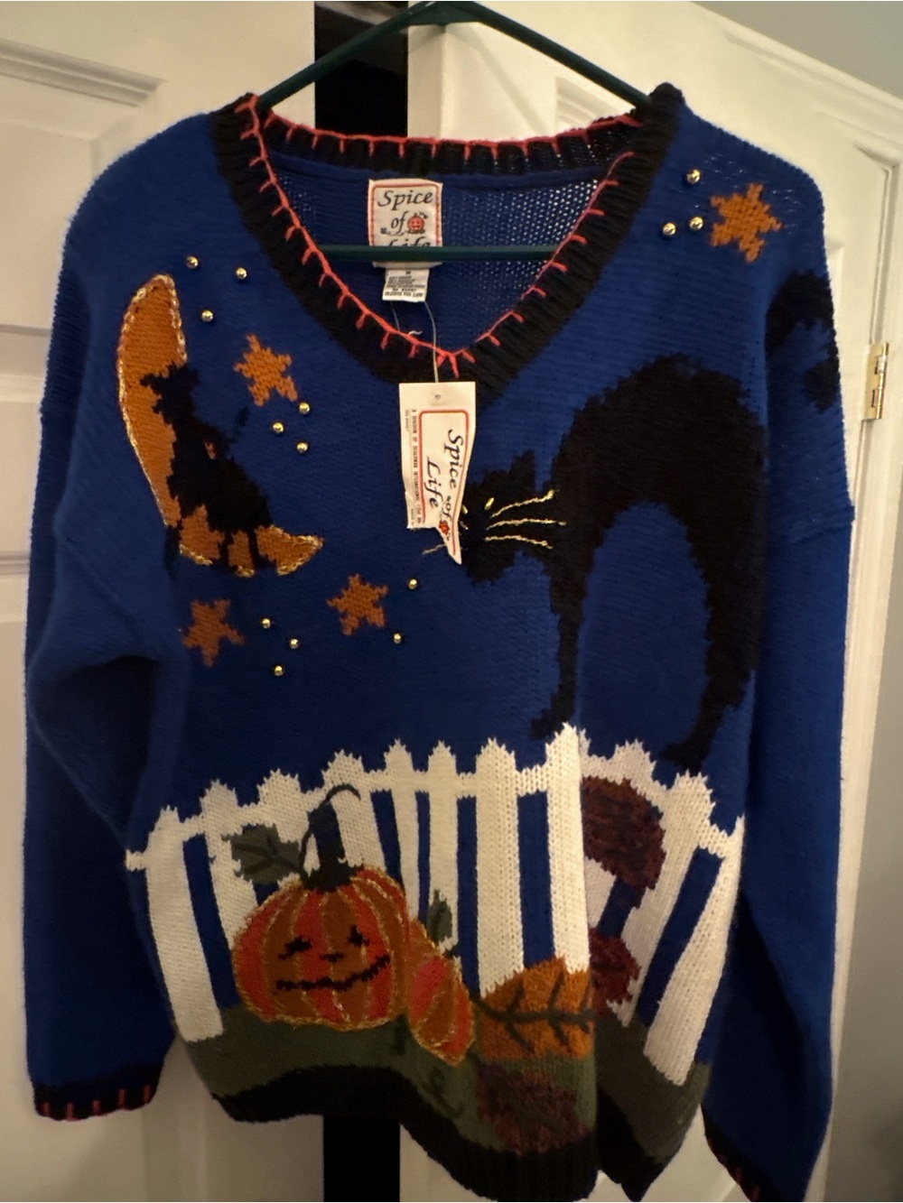 Women’s Royal Blue Halloween Cat & Pumpkin Sweater